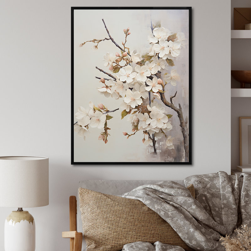 Fleur de pommier beige Senerity sur toile, Cadre flottant noir, H 44 po x l 34 po x P 1,5 po