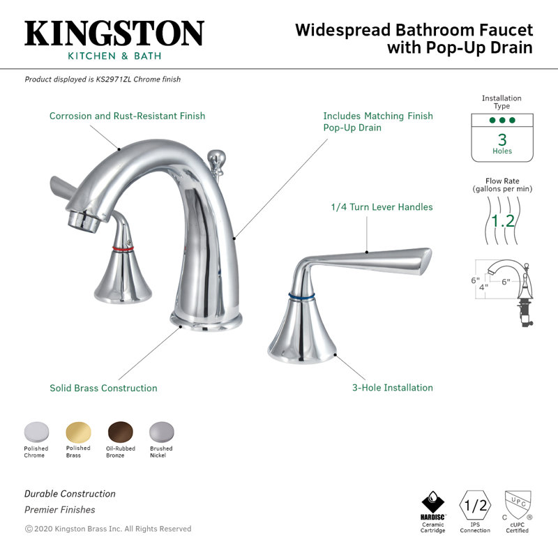 Kingston Brass Silver Sage Two-Handle 3-Hole Deck Mount Widespread Bathroom Faucet with Brass Pop-Up Drain, Polished Chrome