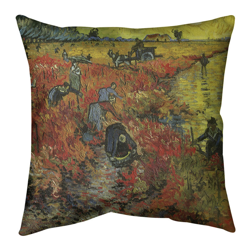 Coussin de sol rouge vignoble Vincent Van Gogh-standard, 28 po x 28 po, Jaune