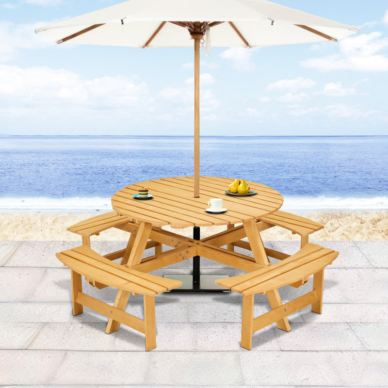 8 Person Picnic Table With 4 Built-In Benches. Umbrella Hole, Weather-, For Patio, Garden Round Benches - Hole For Outdoor Spaces