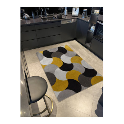 Tapis lavable décoratif moderne jaune à motif géométrique circulaire