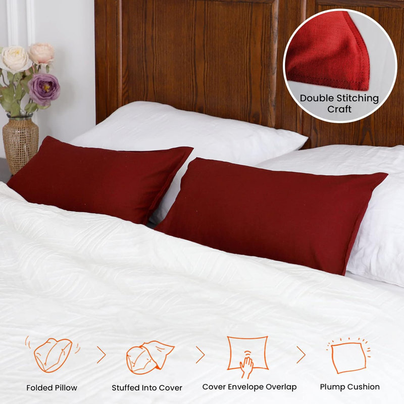 Linen Pillowcases 1 Pair Basic Style 55% Euro Linen 45% Cotton Blend Solid Color Flax Shams Set Of 2，12X20 Inch, Burgundy Red