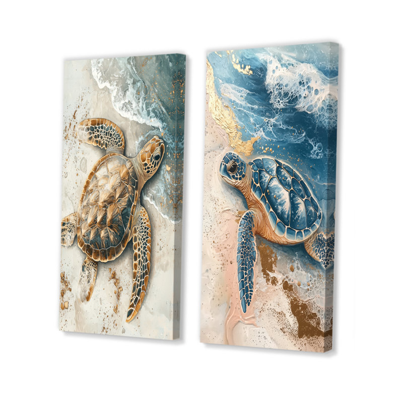 Tortue dorée traînant sur la plage I - animaux, art mural 2 panneaux, H 40 po x l 41 po, Toile tendue