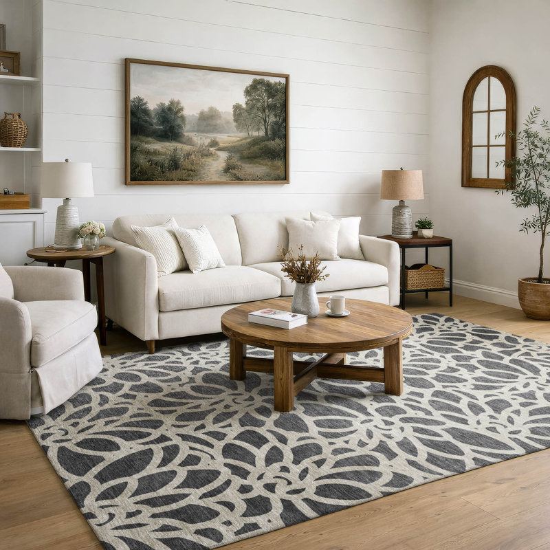 Premium Machine Washable Mayfield AMF2412 Floral Rug, Gray, 5' x 7'6"