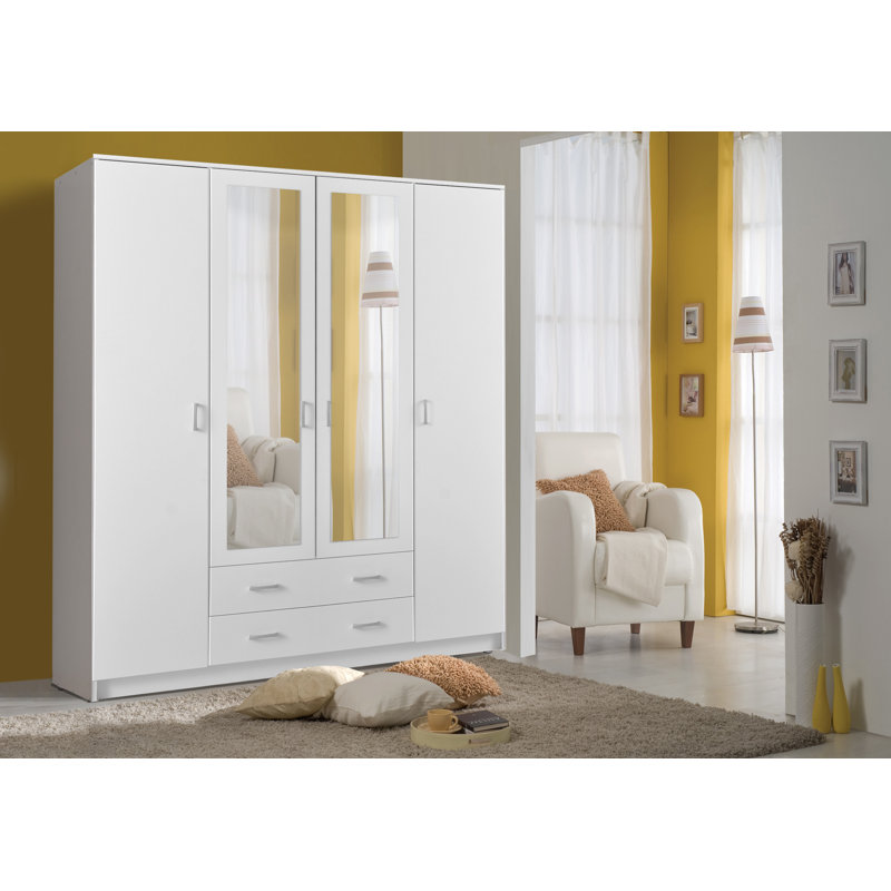 Niss 4 Door Wardrobe With Shelves And Hanging Rails Modern Bedroom Storage Solution, White