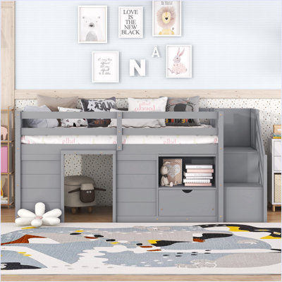 TWIN BED, SOLID WOOD TWIN SIZE LOW LOFT BED WITH STAIR, DRAWER