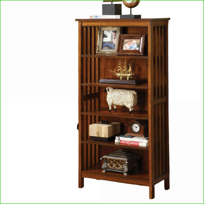 Bookshelf Media Shelf 5-Shelf Solid Wood, Transitional Antique Oak Finish | Solid Wood | Transitional