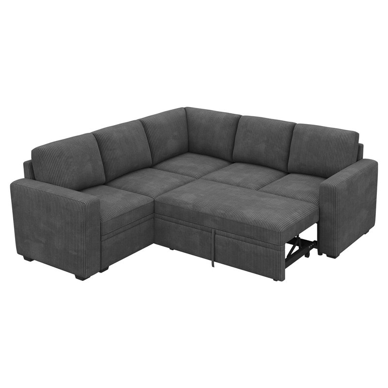 Hoelscher L-shaped Sleeper Sectional Upholstered Sofa Bed With Storage Space Corduroy Dark Gray, Dark Gray Corduroy