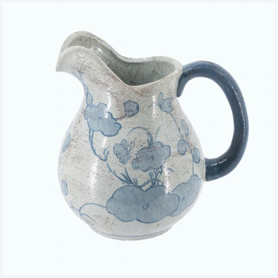 9"H Round Ceramic Pitcher Vase with Blue & White Floral Pattern, Decorative Blue Willow Style Vase