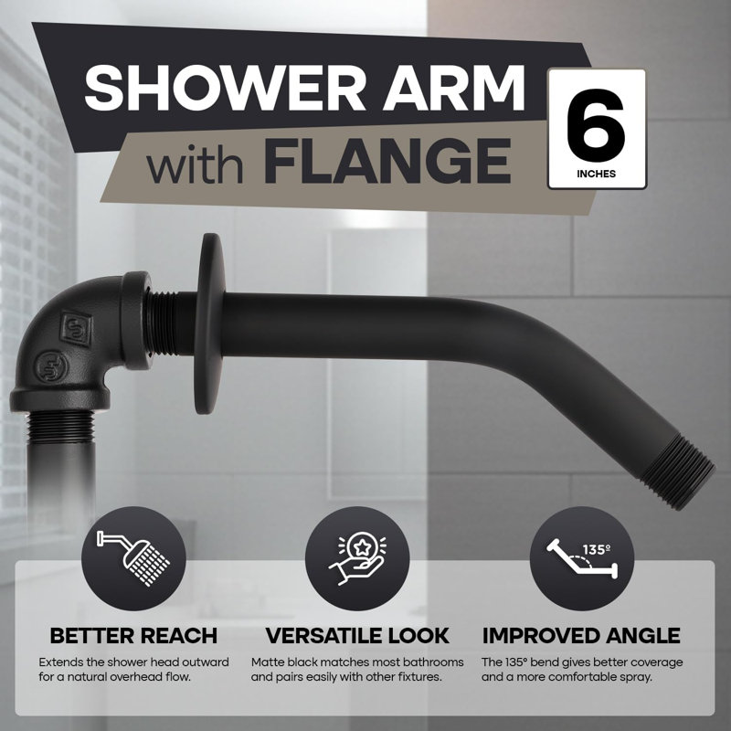 Bras de douche avec bride Bras de pomme de douche mural en acier inoxydable de 6 pouces, finition plaquée noir mat, Noir mat
