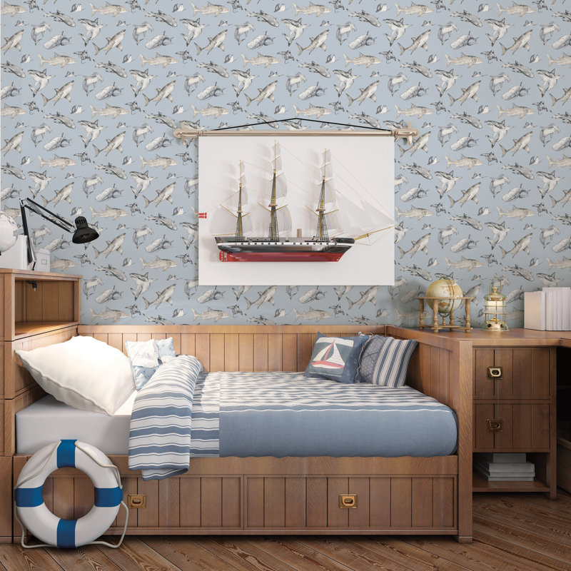 Kids and Teens Collection Sharks Wallpaper Roll, Grey