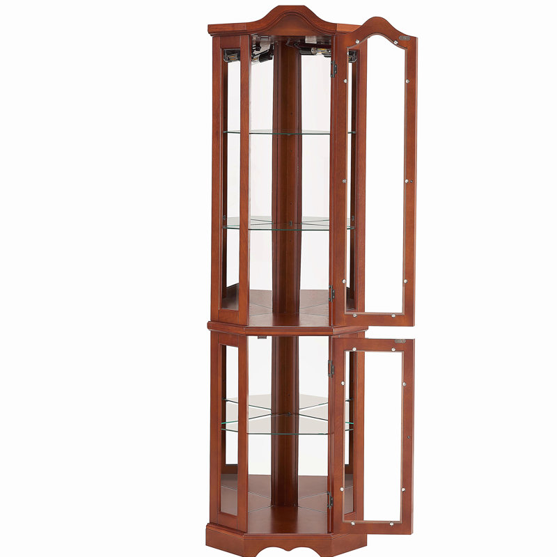 Lighted Corner Curio - Walnut Adjustable Shelf Mirrored Cabinet Unit With Lights Glass Shelving Back, Cherry