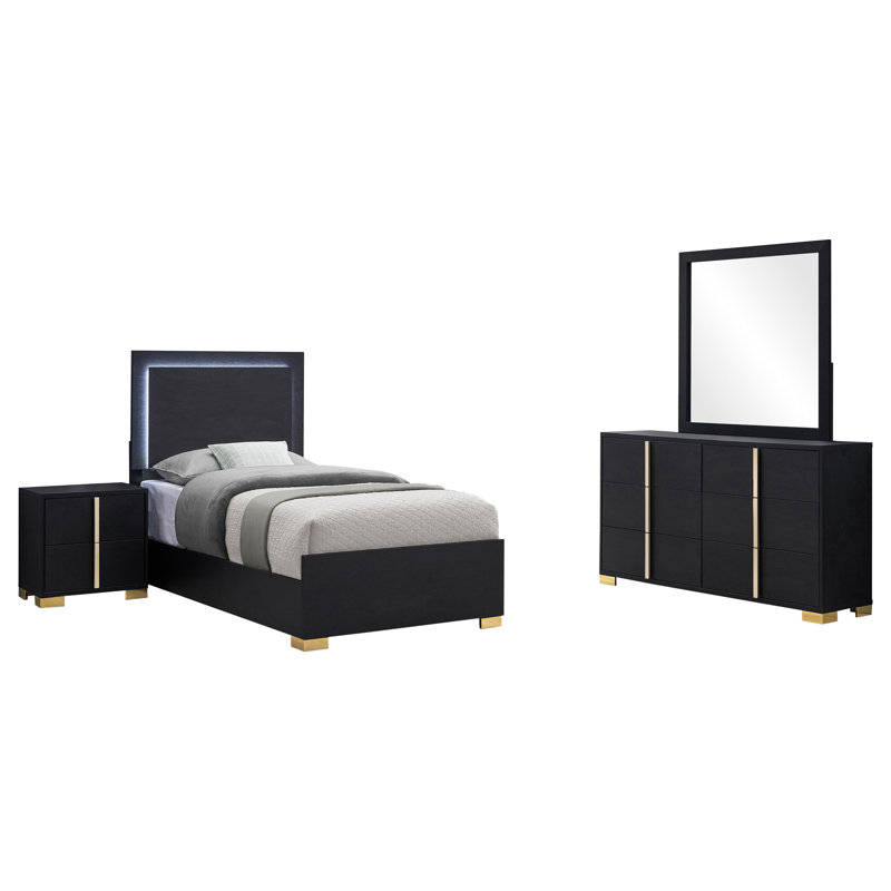 Sabrielle Manufactured Wood Bedroom Set, Twin, Black, 4 Pcs: Bed, Nightstand, Dresser, Mirror