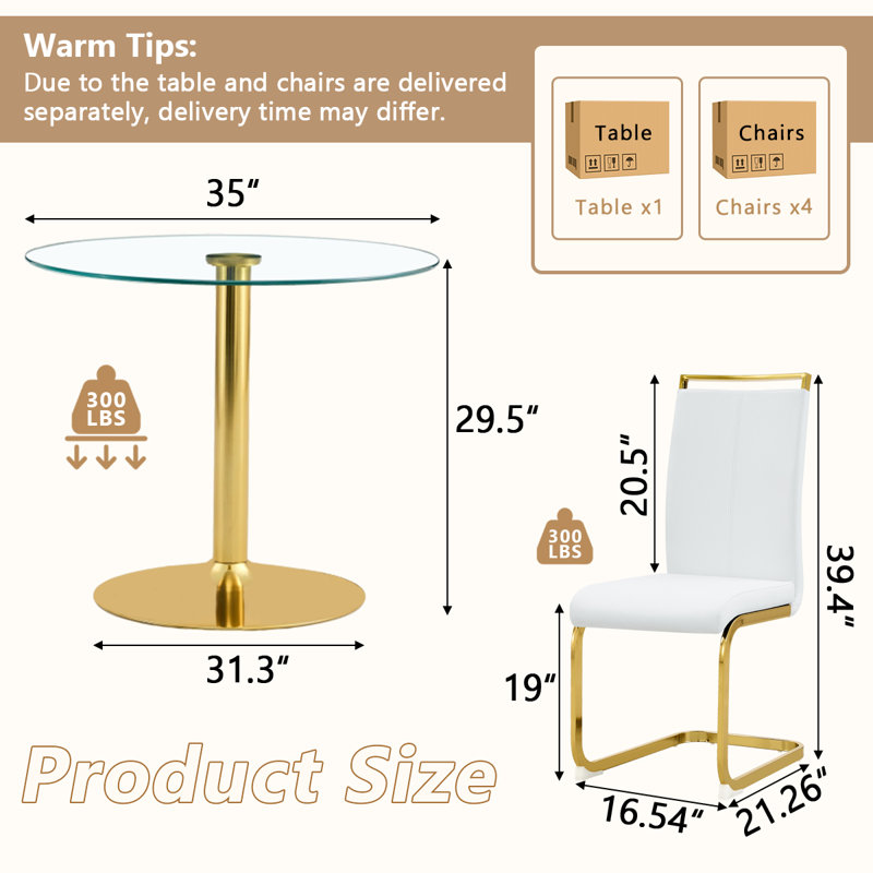 5 - Piece Pedestal Dining Set, White, 29.5"H x 35"L x 35"W