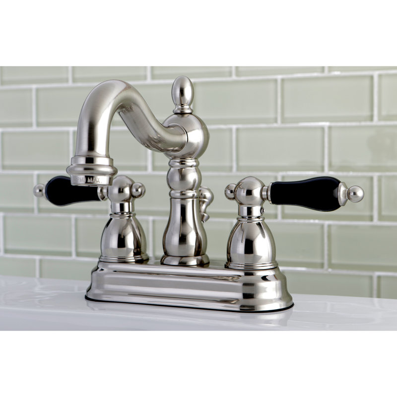 Kingston Brass Duchess Two-Handle 3-Hole Deck Mount 4" Centerset Bathroom Faucet with Plastic Pop-Up, Brushed Nickel