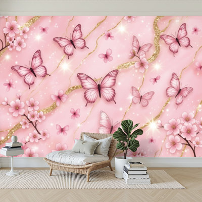 Peel and Stick Wallpaper 96" W x 69" H Modern Self Adhesive Wall Mural for Bedroom Pink Butterfly Cherry Blossom Floral Gold Glitter Lines Soft Pastel