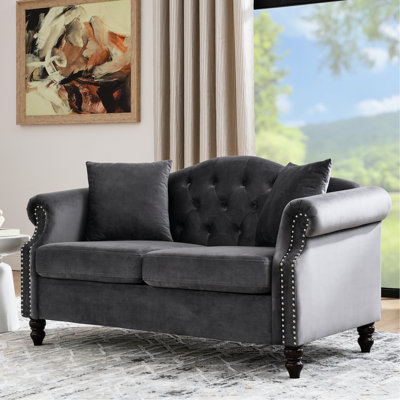 57 po en velours gris pour chambre à coucher - 2 places avec structure et coussins amovibles Siège de salon pratique et confortable avec garniture cloutée et coussins en mousse de style moderne et classique