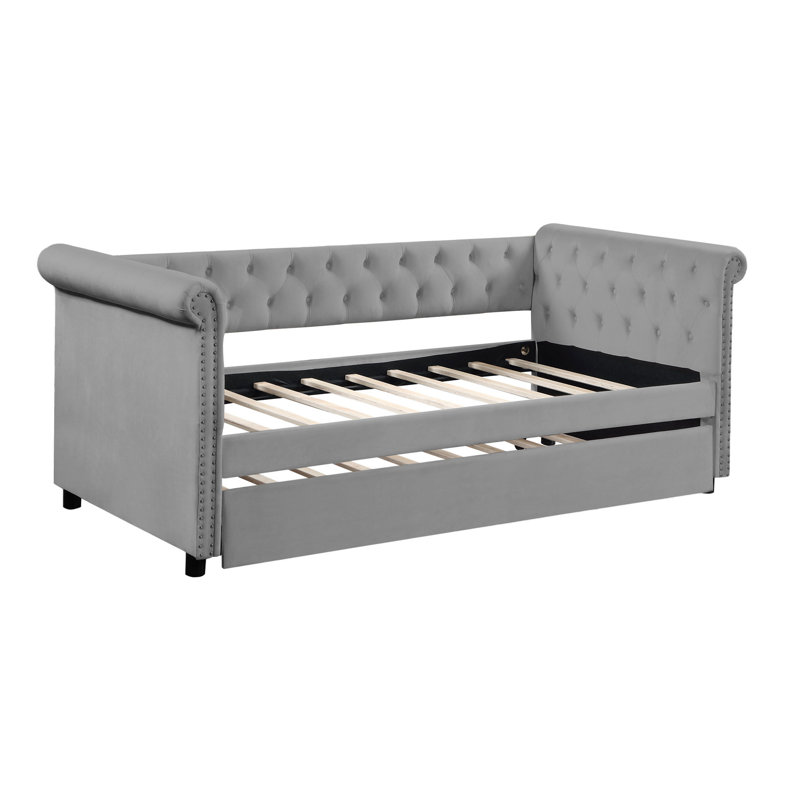 Daybed With Trundle Upholstered Tufted Sofa Bed, With Beautiful Round Armset Design, TWIN SIZE, Grey