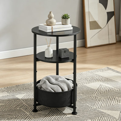 Petite table d'appoint ronde avec panier de rangement, table de chevet étroite à 3 niveaux pour le salon, table de chevet moderne de 11,8 diamètres pour les petits espaces