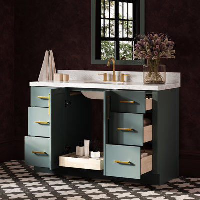 Meuble-lavabo ovale simple de 140 cm avec comptoir en marbre blanc de Carrare de 3,8 cm d'épaisseur, couleur vert vintage