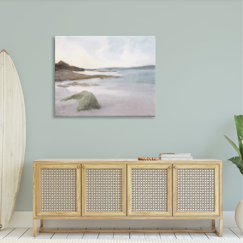 «Serene Foggy Ocean Rocky Shoreline Beach» par Ann Bailey - Peinture, H 36 po x l 48 po x P 1,5 po, Toile tendue