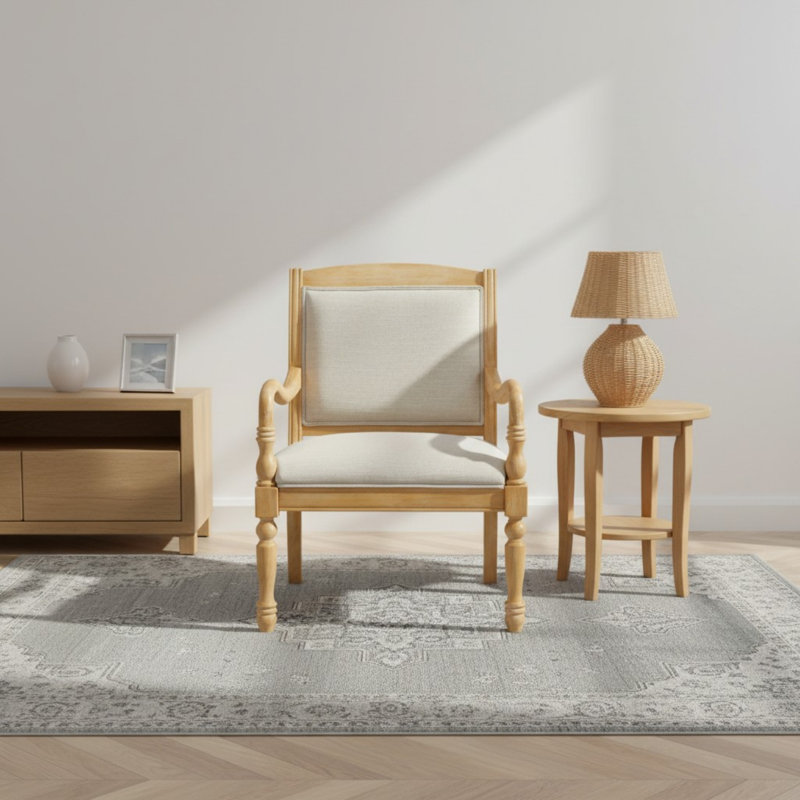 Chaise d'appoint rembourrée avec structure en bois d'hévéa, fauteuil avec pieds tournés, Natural