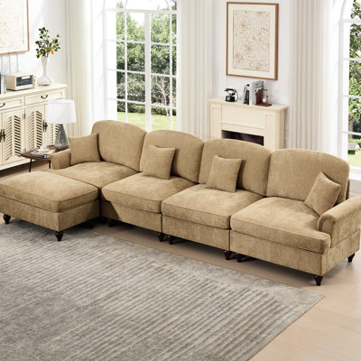 Coffee Four - Seat Chenille Sectional With Flower Shaped Back, Petal , Detachable Skirts And Movable For Space Utilization Comfy In Curved , Spindle Legs, Flared Arms Multiple Style Choices