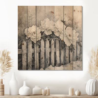 Pivoines d'hiver par la clôture enneigée II - Art mural en bois pivoines - sur bois de pin naturel
