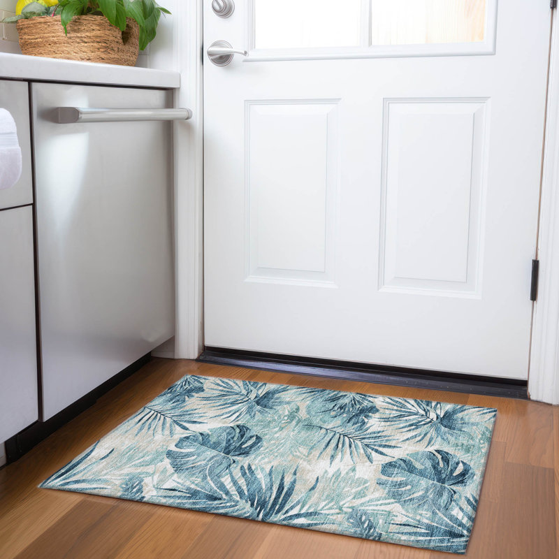 Tapis bleu sarcelle lavable à la machine intérieur / extérieur Xhevrie, Rectangle 1 pi 8 po x 2 pi 6 po