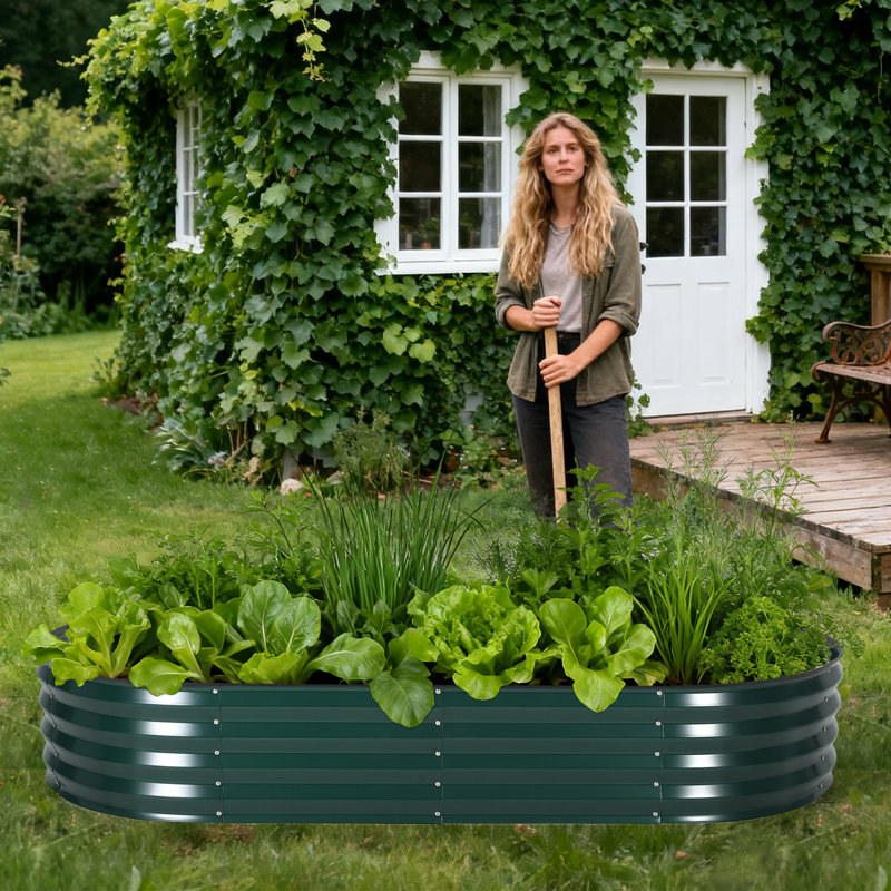 Galvanized Raised Garden Bed Kit with Zippered PVC Cover – Sturdy Oval Metal Planter Box for Vegetables, Herbs & Flowers – Reinforced Corrosion-Resistant Steel, Tool-Complimentary Assembly – Green, Open, 180×90×30cm