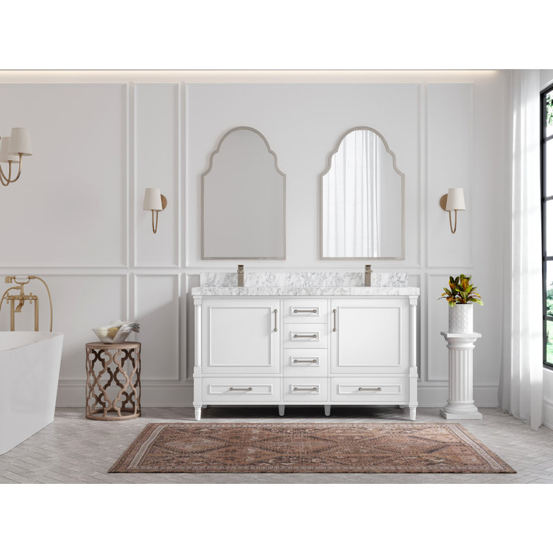 Aberdeen 60" White Solid Wood Double Sink Vanity with Carrara Marble Top