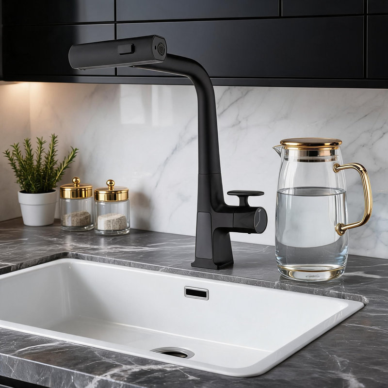 Robinet de cuisine en cascade noir mat avec affichage de la température et douchette rétractable