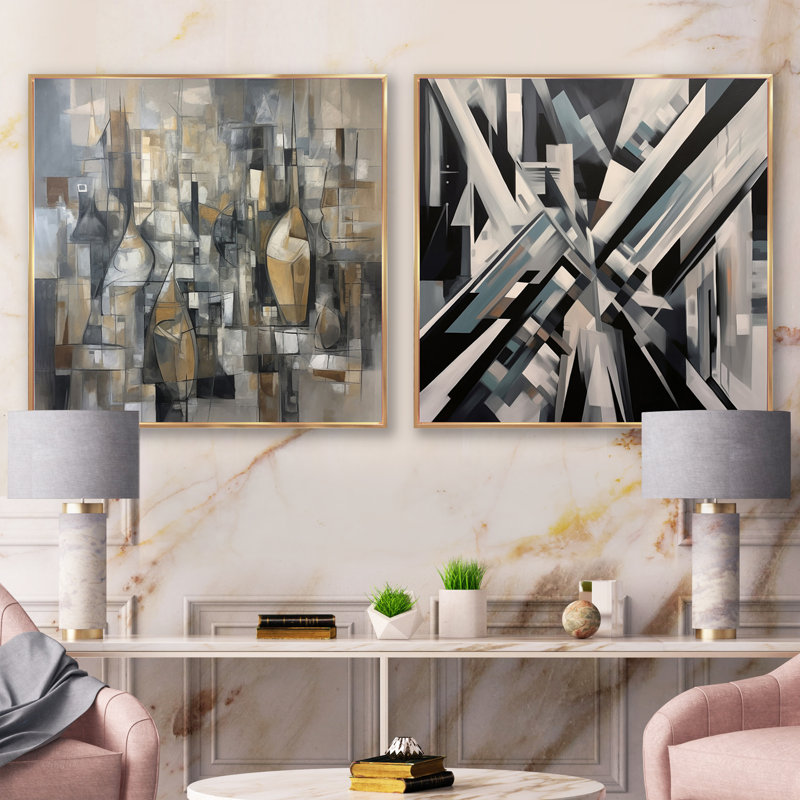Mid Century Chromatics - Ensemble de 2 collages carrés Mid-Century modernes, Cadre flottant doré, H 30 po x l 61 po