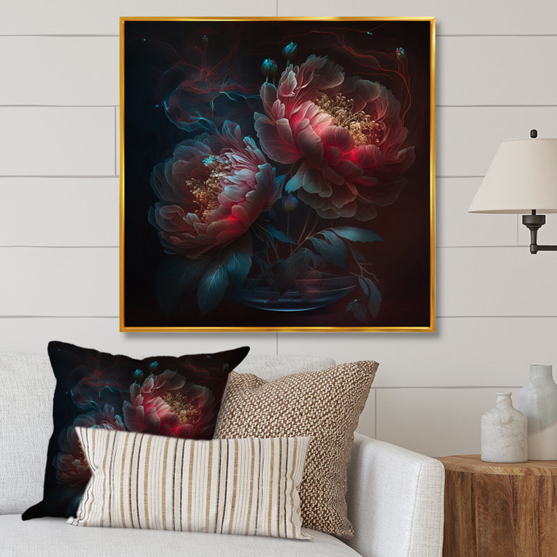 Harmonieuse fleur de pivoine rose - impression, H 16 po x l 16 po x P 1 po, Cadre flottant doré
