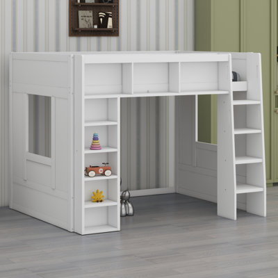 Wooden Loft Bed With Storage Cabinets And Shelves
