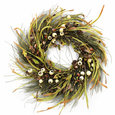 Couronne d'automne artificielle de 66 cm (26 po) avec baies, herbes sauvages, glands et pommes de pin, pour porte d'entrée ou décoration murale intérieure pour la fête de Thanksgiving.