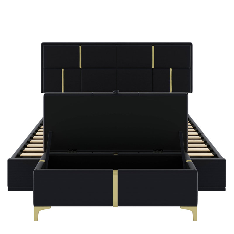 Élégante suite pour grand lit 2 pièces avec lit plateforme tapissier avec rangement hydraulique, Noir
