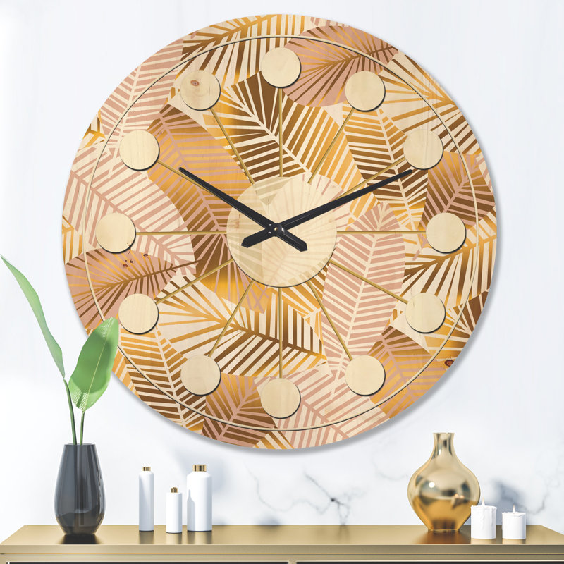 Golden Palm Leaves II - Horloge murale Mid-Century, Grand