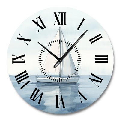 Voilier blanc sur eaux calmes - Horloge murale ronde en métal de style côtier