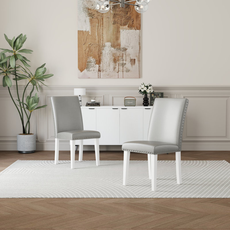 Regal Estate Upholstered Dining Chairs (Set Of 2) - Nailhead Trim, High-Back, Solid Wood Legs, White, Silver