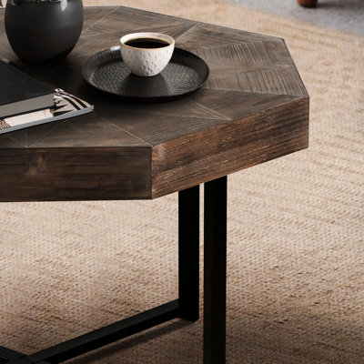 Vintage Inspired Octagonal Coffee Table, Antique Brown Colour, Wood And Metal Wooden Table With Stable Leg Framework, Colour