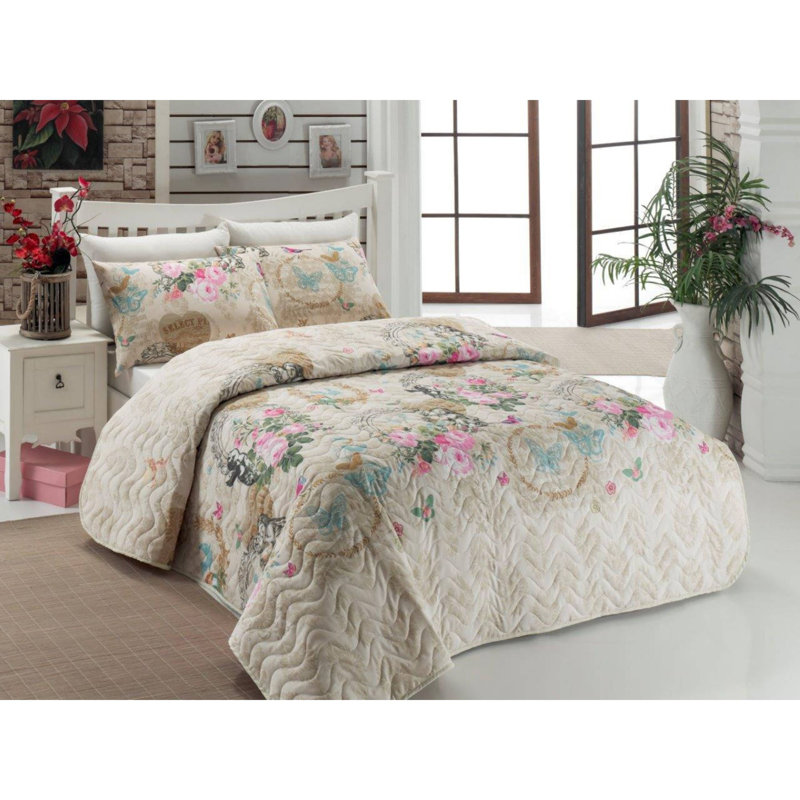 Cotton Blend Floral Bedding, 94" x 87" Bedspread + 2 24" x 24" Pillowcases
