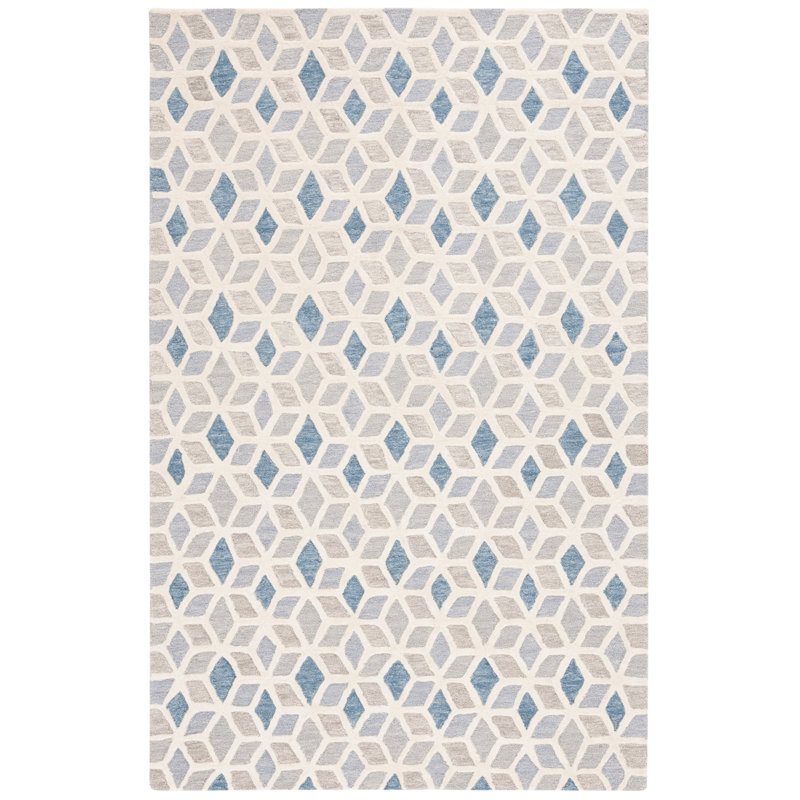 Ebony Hand Tufted Wool/Cotton Geometric Rug in Ivory/Blue, Rectangle 5' x 8'