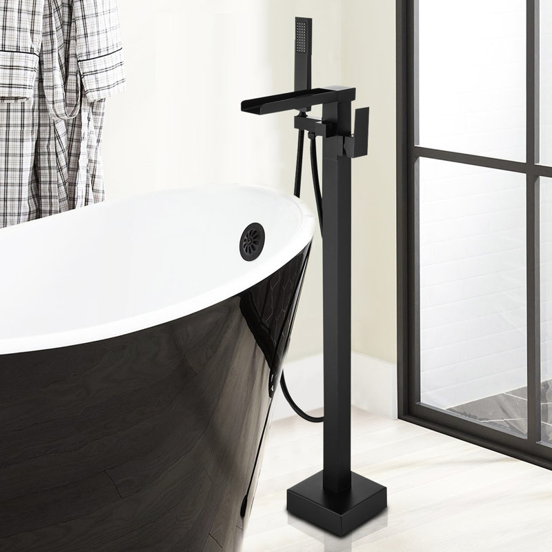 Robinet de baignoire moderne avec douche à main - noir mat, 1 trou, douche à fixation murale noire, poignée en métal
