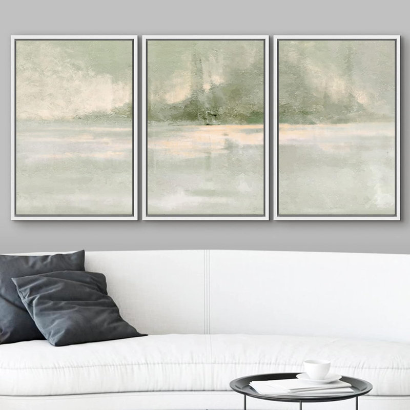Minimaliste vert pastel grunge paysage formes abstraites moderne Art Decor Chic, Cadre flottant noir, H 24 po x l 48 po