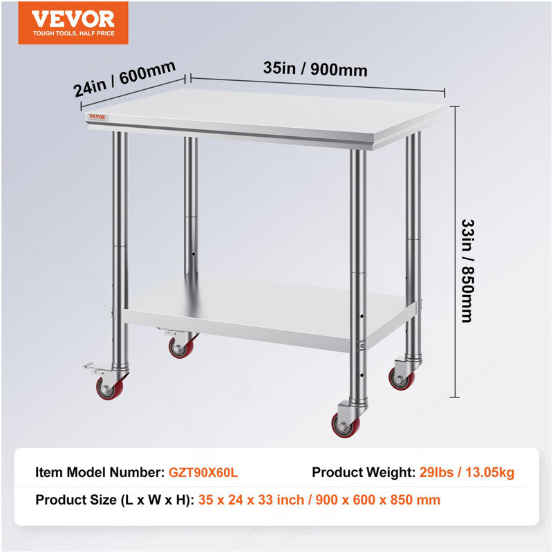 Table de travail en acier inoxydable 36 x 24 pouces avec 4 roues Table de préparation commerciale avec roulettes Table de travail robuste pour restaurant de cuisine commerciale