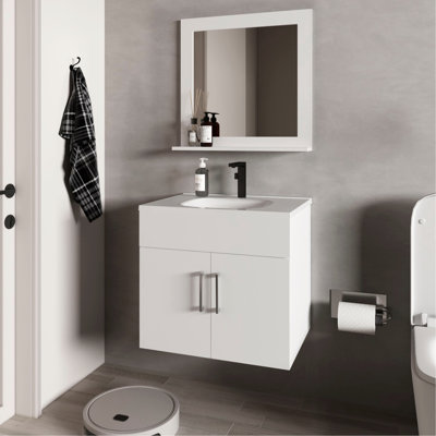Meuble-lavabo flottant 2 portes 2 portes blanc avec lavabo et miroir - 21 x 24 x 17,7 po.