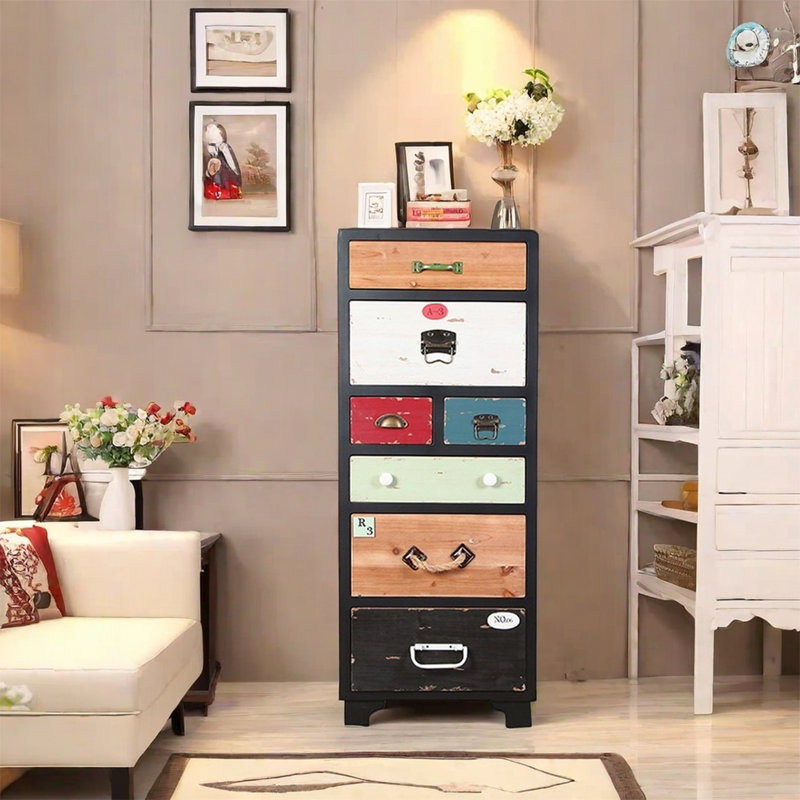 Armoire à poignées en métal avec sept tiroirs, Noir