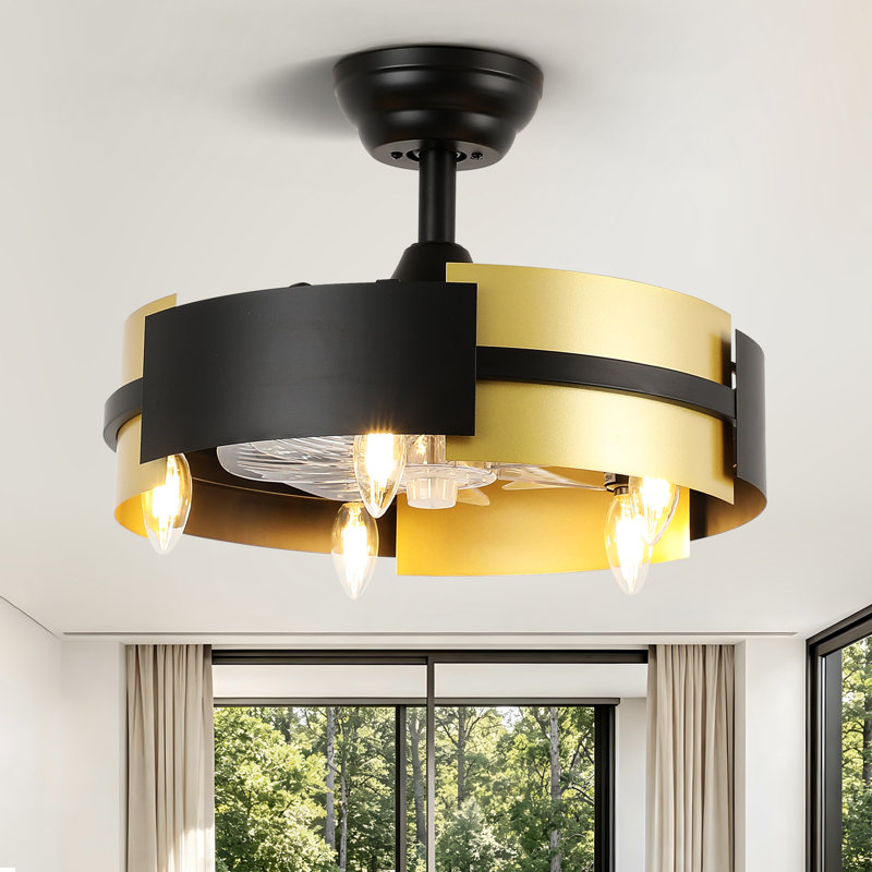 Ventilateur de plafond industriel 18 "à 5 lumières noir et or avec lumière, 7 pales ABS, télécommande, réglable en hauteur