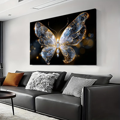 Glowing Crystal Butterfly With Sparkling Diamond Vibrant Hued Art, Large Gallery Wrapped Canvas Wall Art Print for Living Room & Bedroom